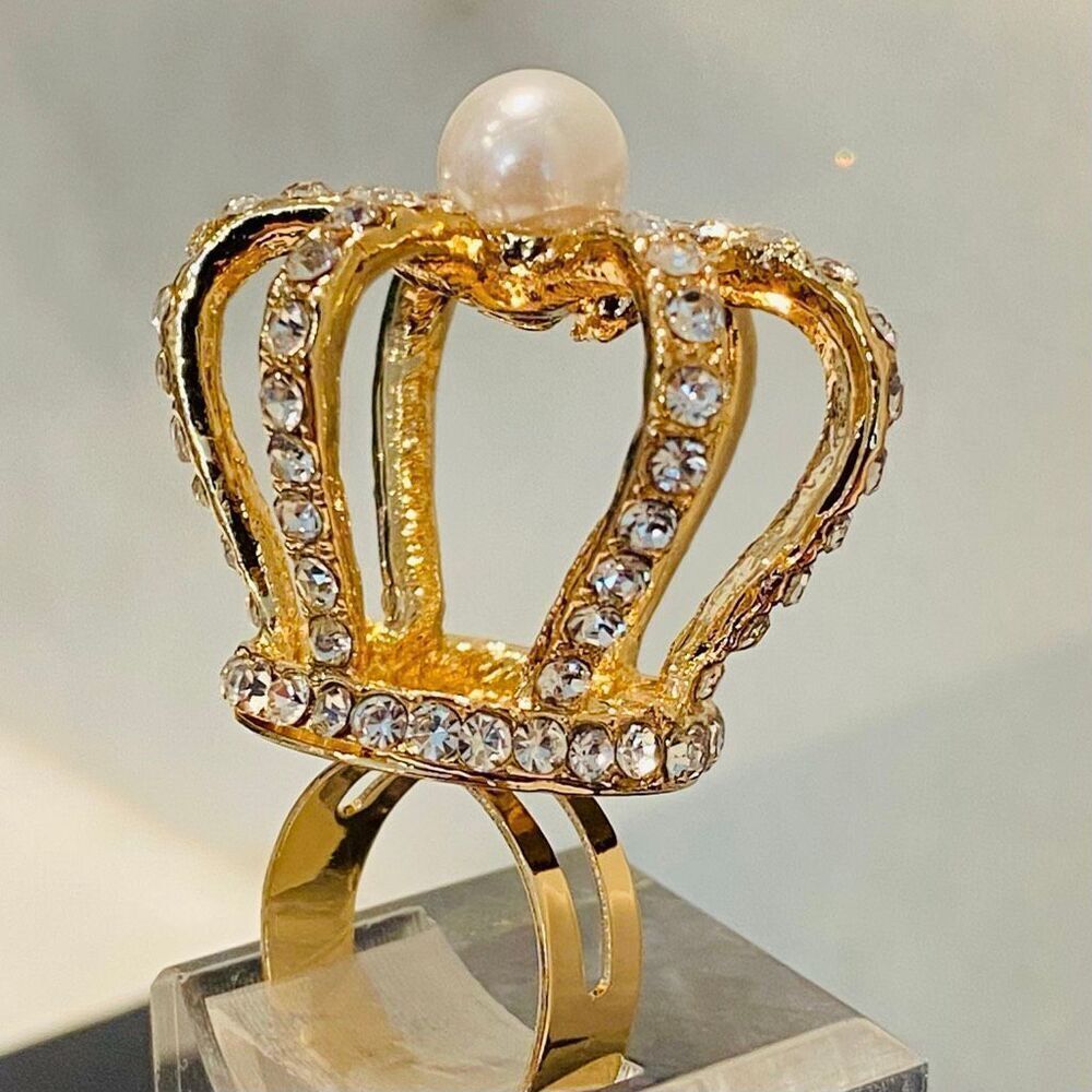 NWT Guinevere 14K Gold Plated with Rhinestones Faux Pearl Crown Ring Adjustable